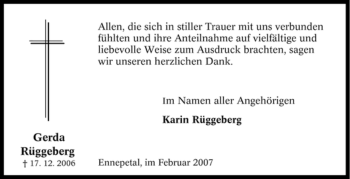 Traueranzeige von Gerda Rüggeberg von Tageszeitung