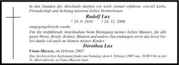 Traueranzeige von Rudolf Lux von Tageszeitung