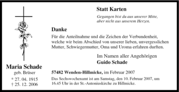 Traueranzeige von Maria Schade von Tageszeitung