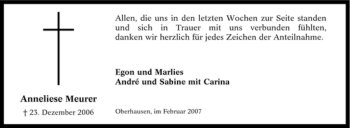Traueranzeige von Anneliese Meurer von Tageszeitung