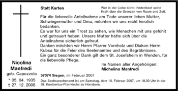 Traueranzeige von Nicolina Manfredi von Tageszeitung