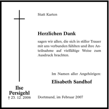 Traueranzeige von Ilse Persigehl von Tageszeitung