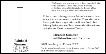 Traueranzeige von Reinhold Stemmer von Tageszeitung