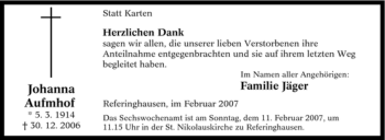 Traueranzeige von Johanna Aufmhof von Tageszeitung