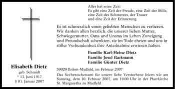 Traueranzeige von Elisabeth Dietz von Tageszeitung