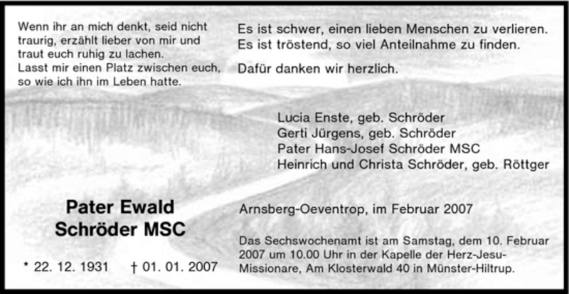  Traueranzeige für Ewald Schröder vom 03.02.2007 aus Tageszeitung