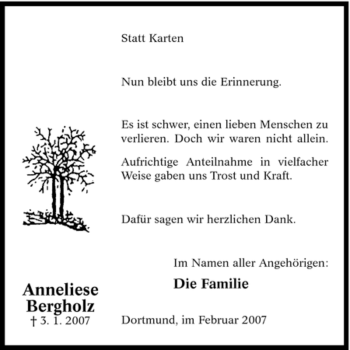 Traueranzeige von Anneliese Bergholz von Tageszeitung