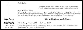 Traueranzeige von Norbert Padberg von Tageszeitung