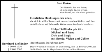 Traueranzeige von Bernhard Liefländer von Tageszeitung
