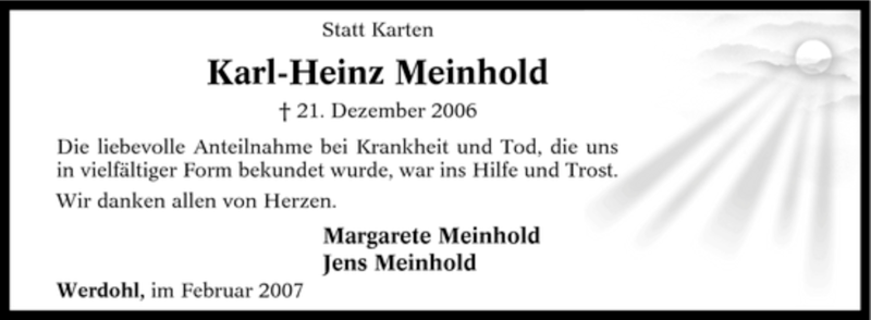  Traueranzeige für Karl-Heinz Meinhold vom 03.02.2007 aus Tageszeitung