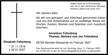 Traueranzeige von Elisabeth Fellenberg von Tageszeitung