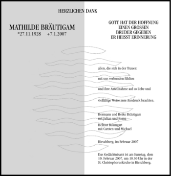 Traueranzeige von Mathilde Bräutigam von Tageszeitung
