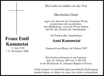 Traueranzeige von Franz Emil Kummetat von Tageszeitung