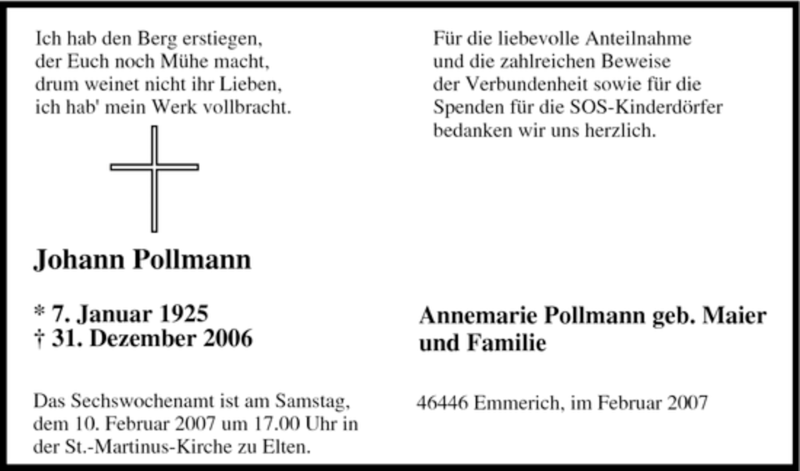  Traueranzeige für Johann Pollmann vom 03.02.2007 aus Tageszeitung