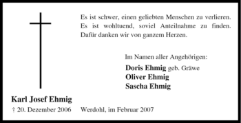 Traueranzeige von Karl Josef Ehmig von Tageszeitung