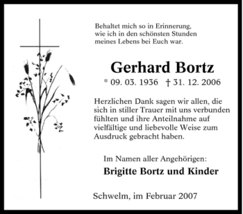 Traueranzeige von Gerhard Bortz von Tageszeitung