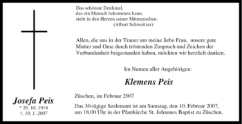 Traueranzeige von Josefa Peis von Tageszeitung