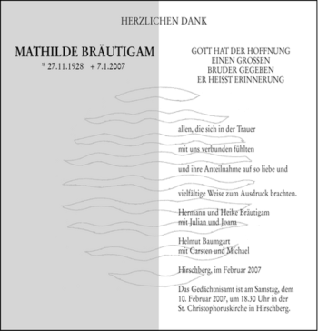 Traueranzeige von Mathilde Bräutigam von Tageszeitung