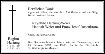 Traueranzeige von Regina Hartung von Tageszeitung