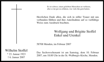 Traueranzeige von Wilhelm Stoffel von Tageszeitung