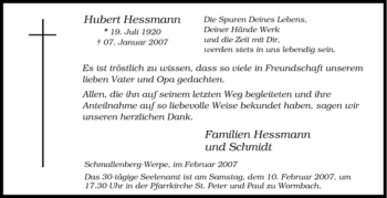 Traueranzeige von Hubert Hessmann von Tageszeitung