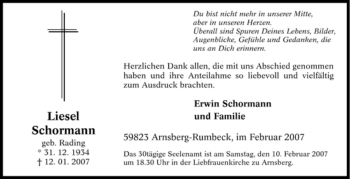 Traueranzeige von Liesel Schormann von Tageszeitung