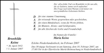 Traueranzeige von Brunhilde Keine von Tageszeitung