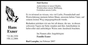 Traueranzeige von Hans Exner von Tageszeitung