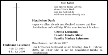 Traueranzeige von Ferdinand Leismann von Tageszeitung