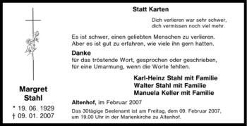 Traueranzeige von Margret Stahl von Tageszeitung
