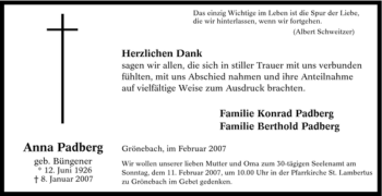 Traueranzeige von Anna Padberg von Tageszeitung