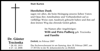 Traueranzeige von Günter Trzcionka von Tageszeitung