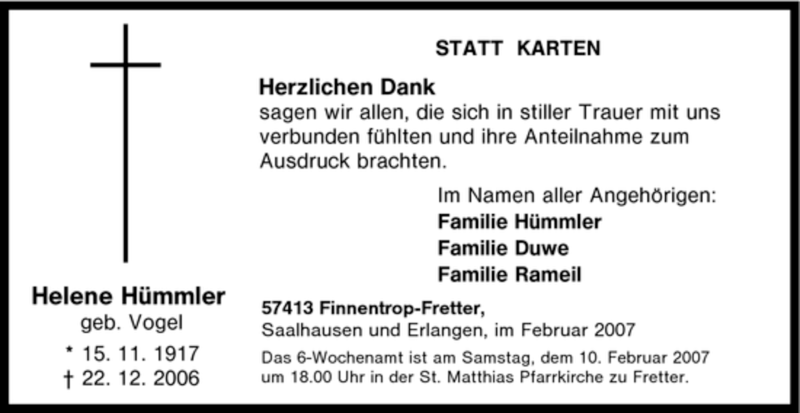  Traueranzeige für Helene Hümmler vom 07.02.2007 aus Tageszeitung