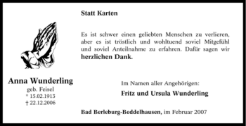 Traueranzeige von Anna Wunderling von Tageszeitung