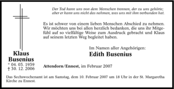 Traueranzeige von Klaus Busenius von Tageszeitung