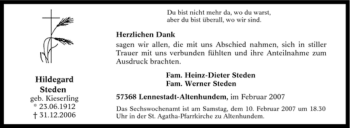 Traueranzeige von Hildegard Steden von Tageszeitung