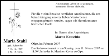 Traueranzeige von Maria Stahl von Tageszeitung