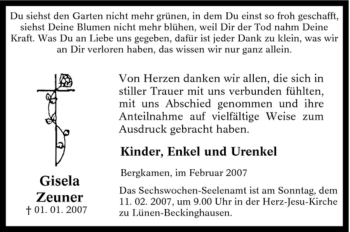 Traueranzeige von Gisela Zeuner von Tageszeitung