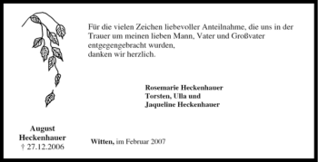 Traueranzeige von August Heckenhauer von Tageszeitung
