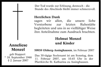 Traueranzeige von Anneliese Menzel von Tageszeitung