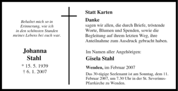 Traueranzeige von Johanna Stahl von Tageszeitung