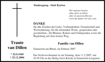 Traueranzeige von Traute van Dillen von Tageszeitung