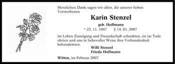 Traueranzeige von Karin Stenzel von Tageszeitung