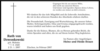 Traueranzeige von Ruth von Dzwonkowski von Tageszeitung