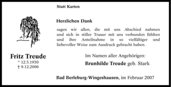 Traueranzeige von Fritz Treude von Tageszeitung