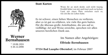 Traueranzeige von Werner Bernshausen von Tageszeitung