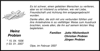 Traueranzeige von Heinz Probian von Tageszeitung