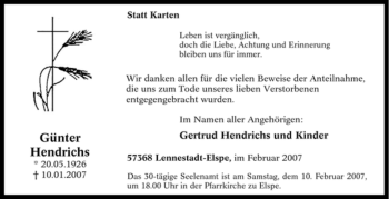 Traueranzeige von Günter Hendrichs von Tageszeitung