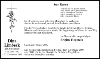 Traueranzeige von Dina Limbeck von Tageszeitung