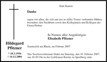 Traueranzeige von Hildegard Pfitzner von Tageszeitung